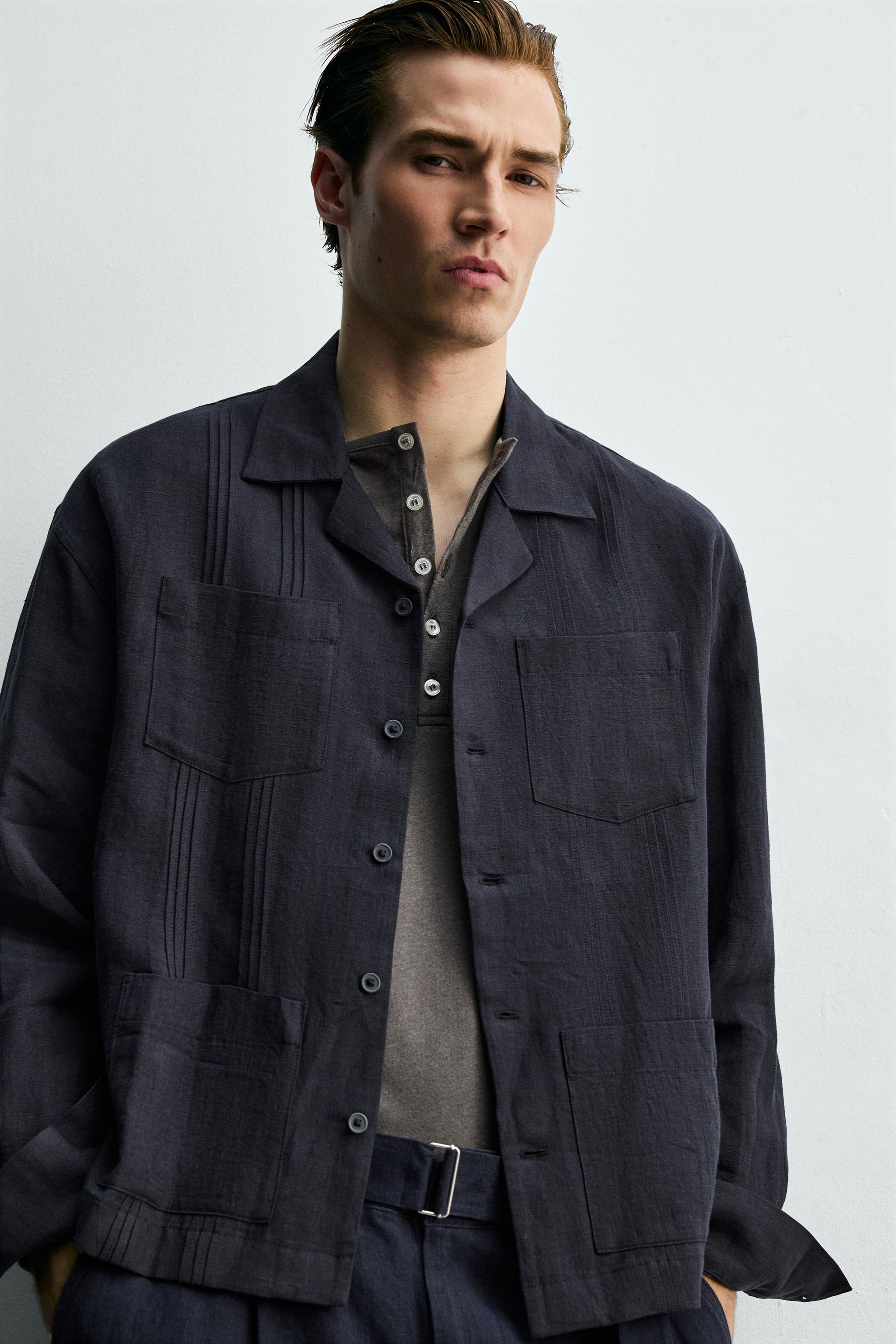 RELAXED FIT 100% LINEN SHIRT WITH PLEATED POCKETS